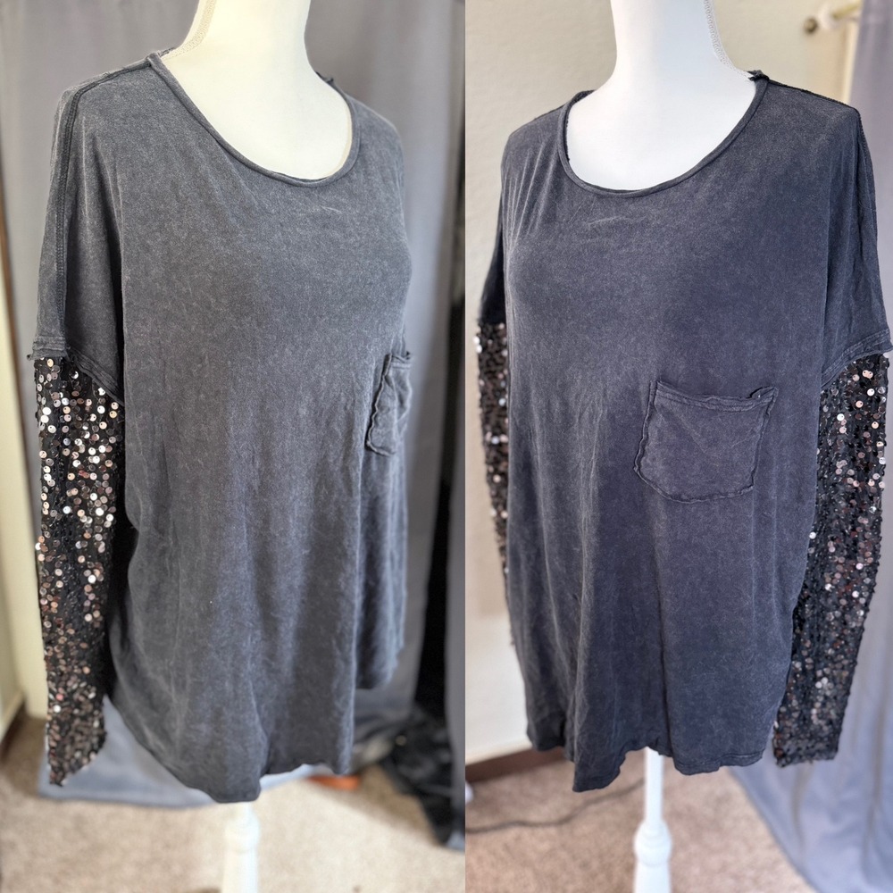 Free People Sequin Sleeve Oversized Tee Washed Black Cotton Pocket Top Small - Picture 6 of 6